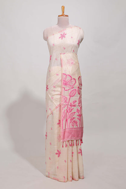 Pink floral print  munga cotton saree  with matching floral print pallu along with tassles