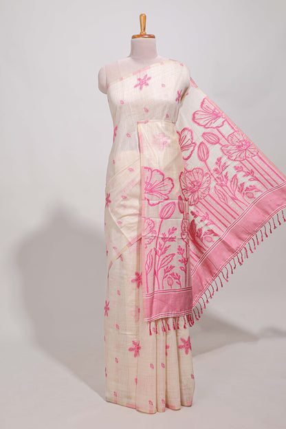 Pink floral print  munga cotton saree  with matching floral print pallu along with tassles