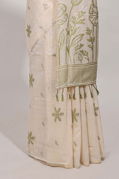 Pastel green floral print  munga cotton saree  with matching floral print pallu along with tassles