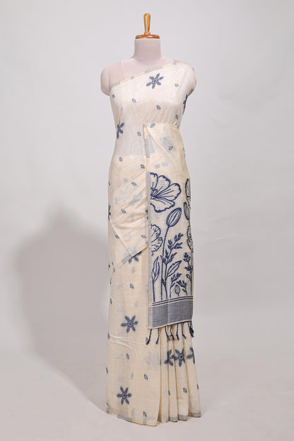 Navy blue  floral print  munga cotton saree  with matching floral print pallu along with tassles