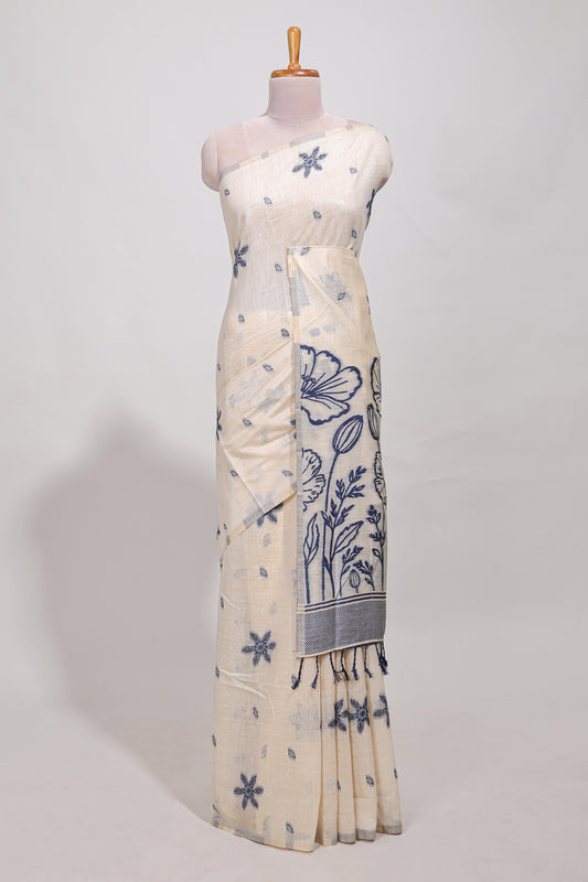 Navy blue  floral print  munga cotton saree  with matching floral print pallu along with tassles