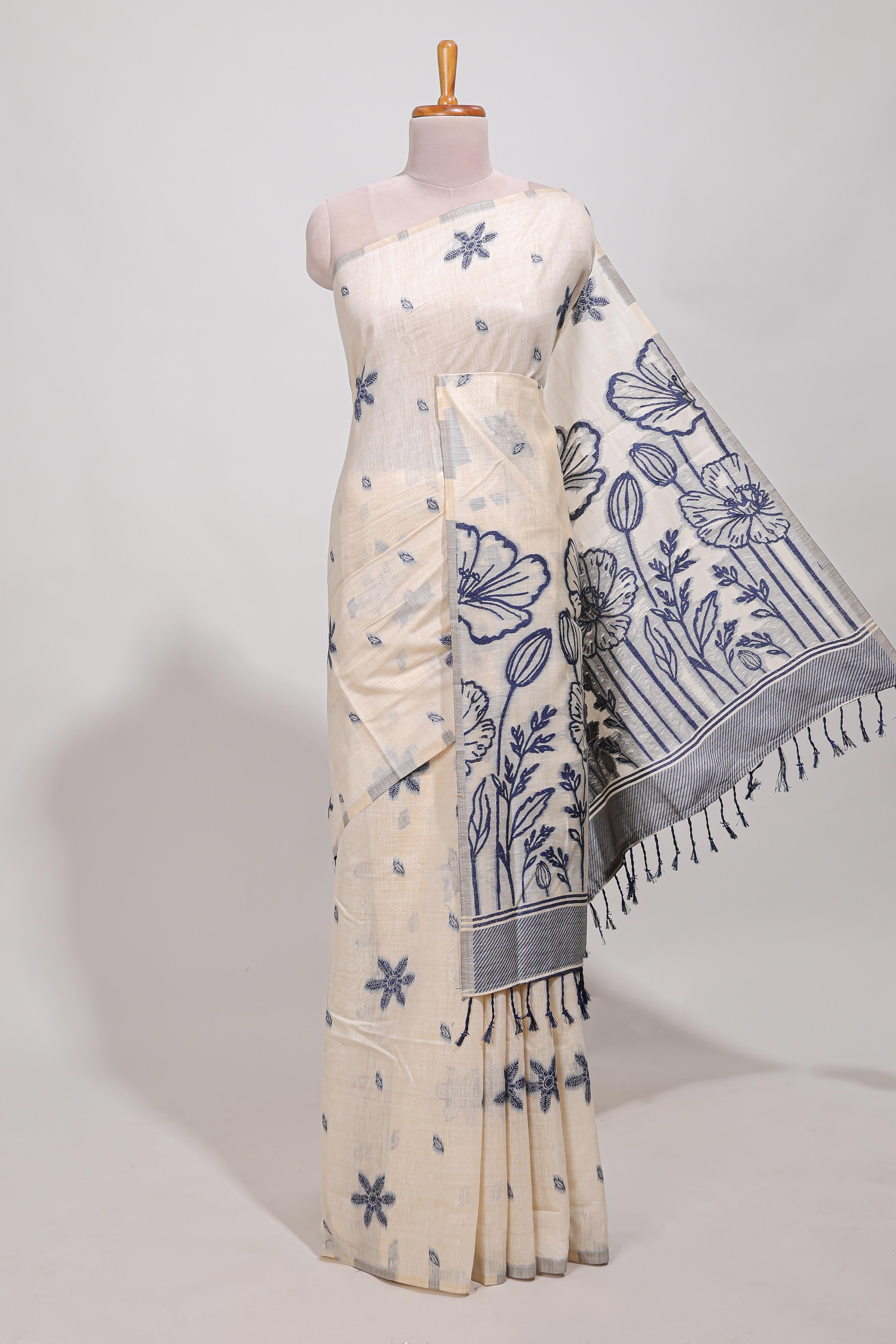 Navy bluefloral printmunga cotton sareewith matching floral print pallu along with tassles