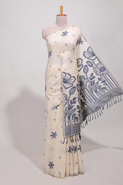 Navy blue  floral print  munga cotton saree  with matching floral print pallu along with tassles