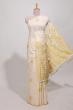 Powder yellow floral print  munga cotton saree  with matching floral print pallu along with tassles