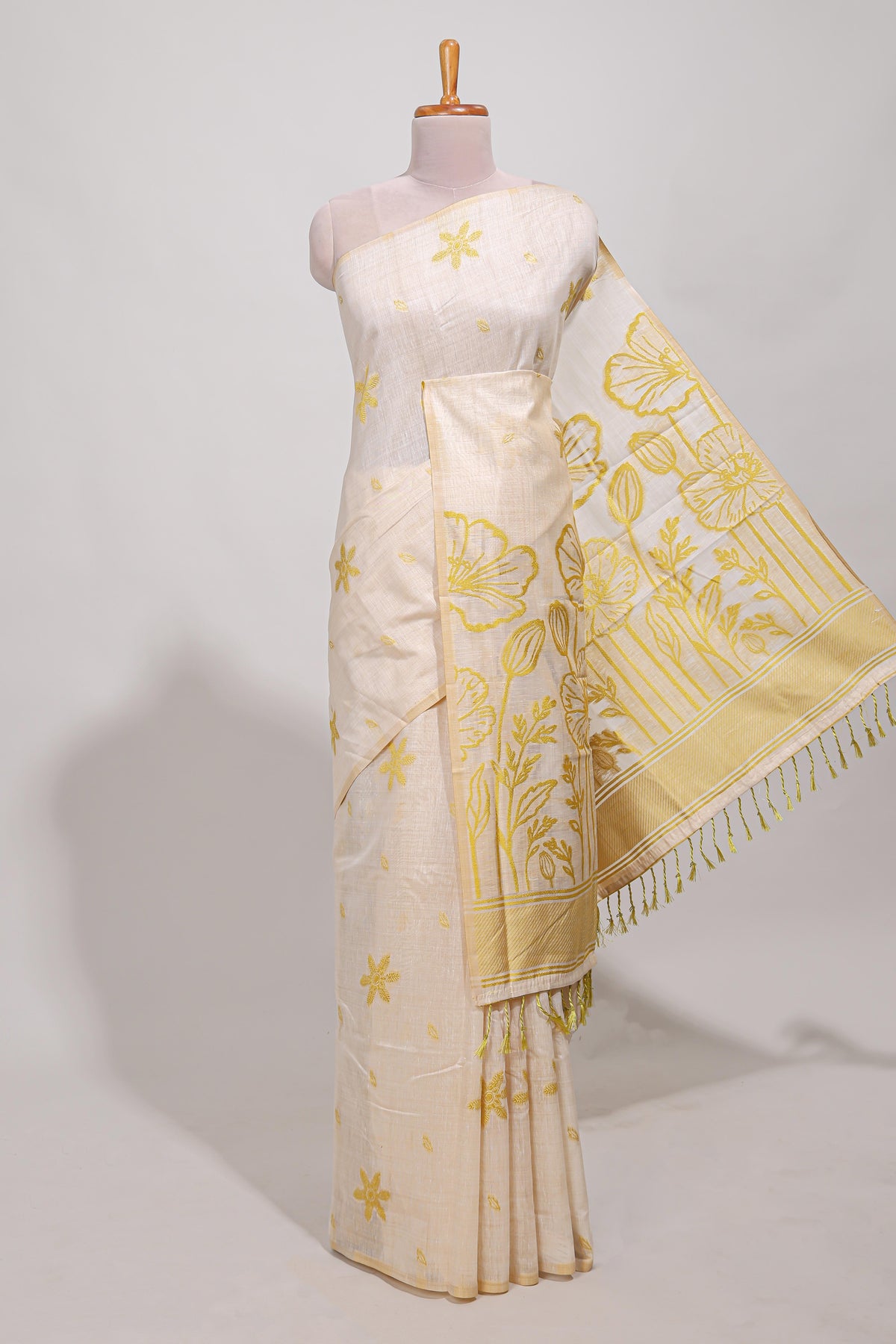 Powder yellow floral print  munga cotton saree  with matching floral print pallu along with tassles