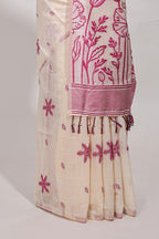 Pink floral print  munga cotton saree  with matching floral print pallu along with tassles