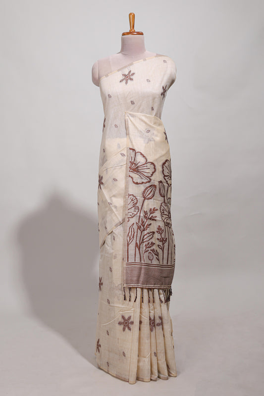 Brown floral print  munga cotton saree  with matching floral print pallu along with tassles