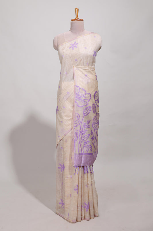 Lavender floral print  munga cotton saree  with matching floral print pallu along with tassles