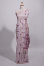 Magenta munga cotton all over floral thread motifs thread weaving border with floral jaal thread zari pallu and contrast small butta blouse