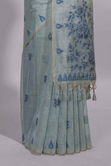 Blue munga cotton all over floral thread motifs thread weaving border with floral jaal thread zari pallu and contrast small butta blouse