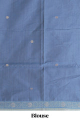 Blue munga cotton all over floral thread motifs thread weaving border with floral jaal thread zari pallu and contrast small butta blouse