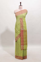 Green striped mangalagiri cotton saree with contrast border and striped pallu with blouse