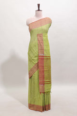 Green striped mangalagiri cotton saree with contrast border and striped pallu with blouse