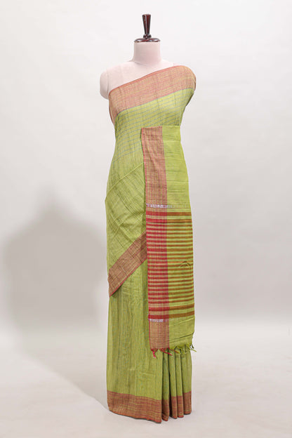 Green striped mangalagiri cotton saree with contrast border and striped pallu with blouse