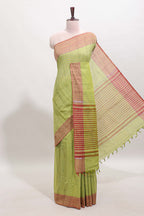 Green striped mangalagiri cotton saree with contrast border and striped pallu with blouse