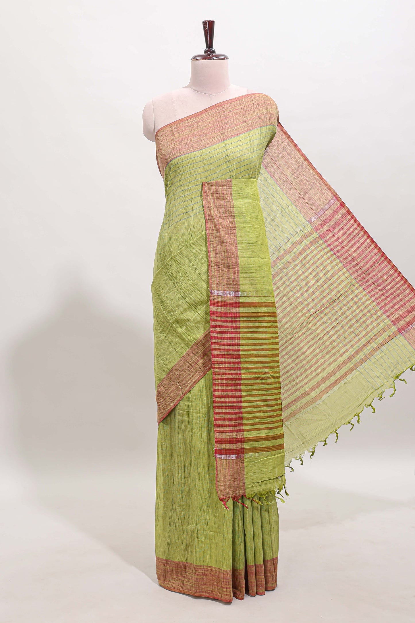 Green striped mangalagiri cotton saree with contrast border and striped pallu with blouse