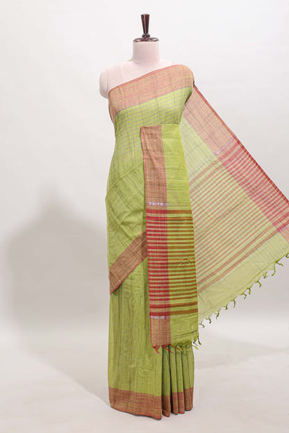 Green striped mangalagiri cotton saree with contrast border and striped pallu with blouse