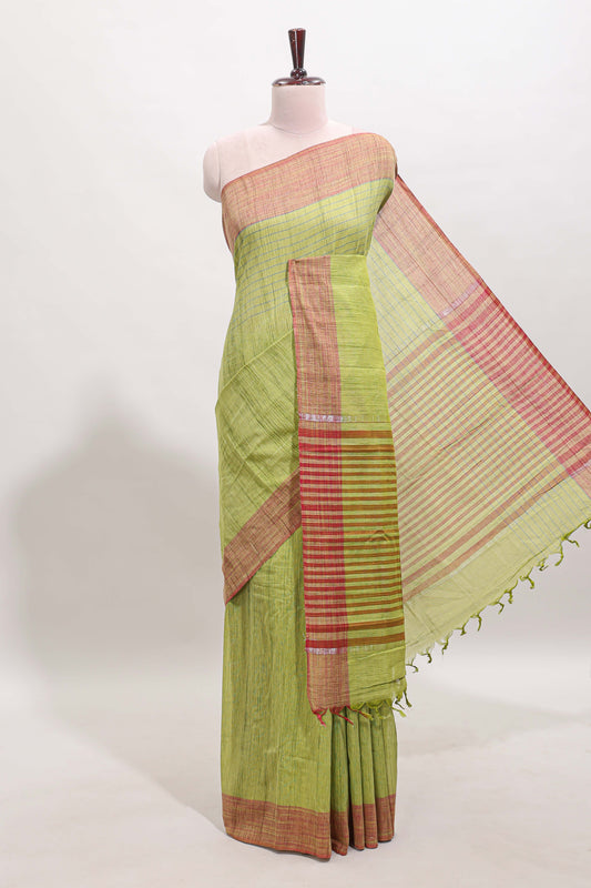 Green striped mangalagiri cotton saree with contrast border and striped pallu with blouse
