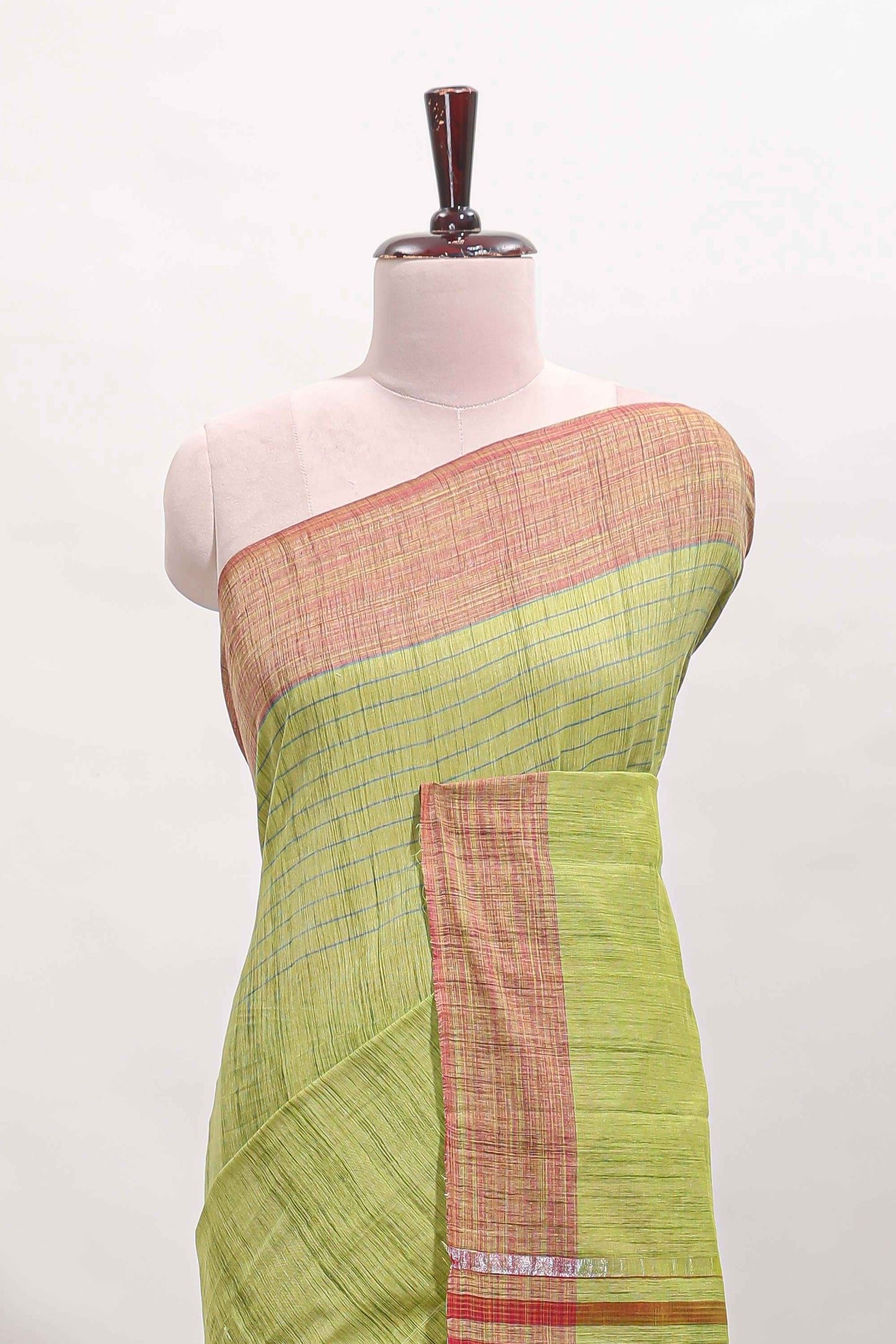 Green striped mangalagiri cotton saree with contrast border and striped pallu with blouse