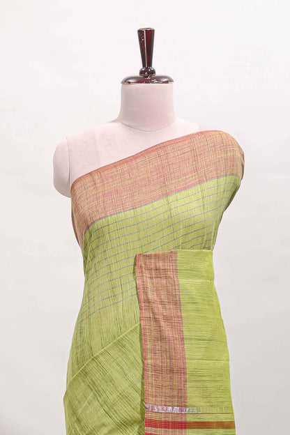 Green striped mangalagiri cotton saree with contrast border and striped pallu with blouse