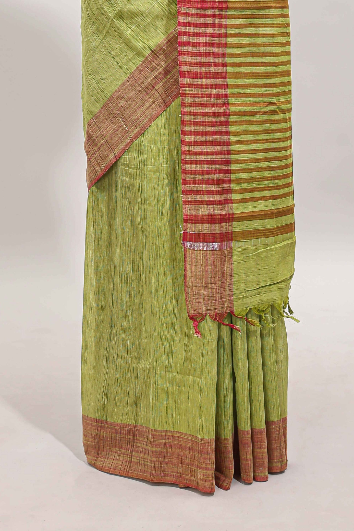 Green striped mangalagiri cotton saree with contrast border and striped pallu with blouse