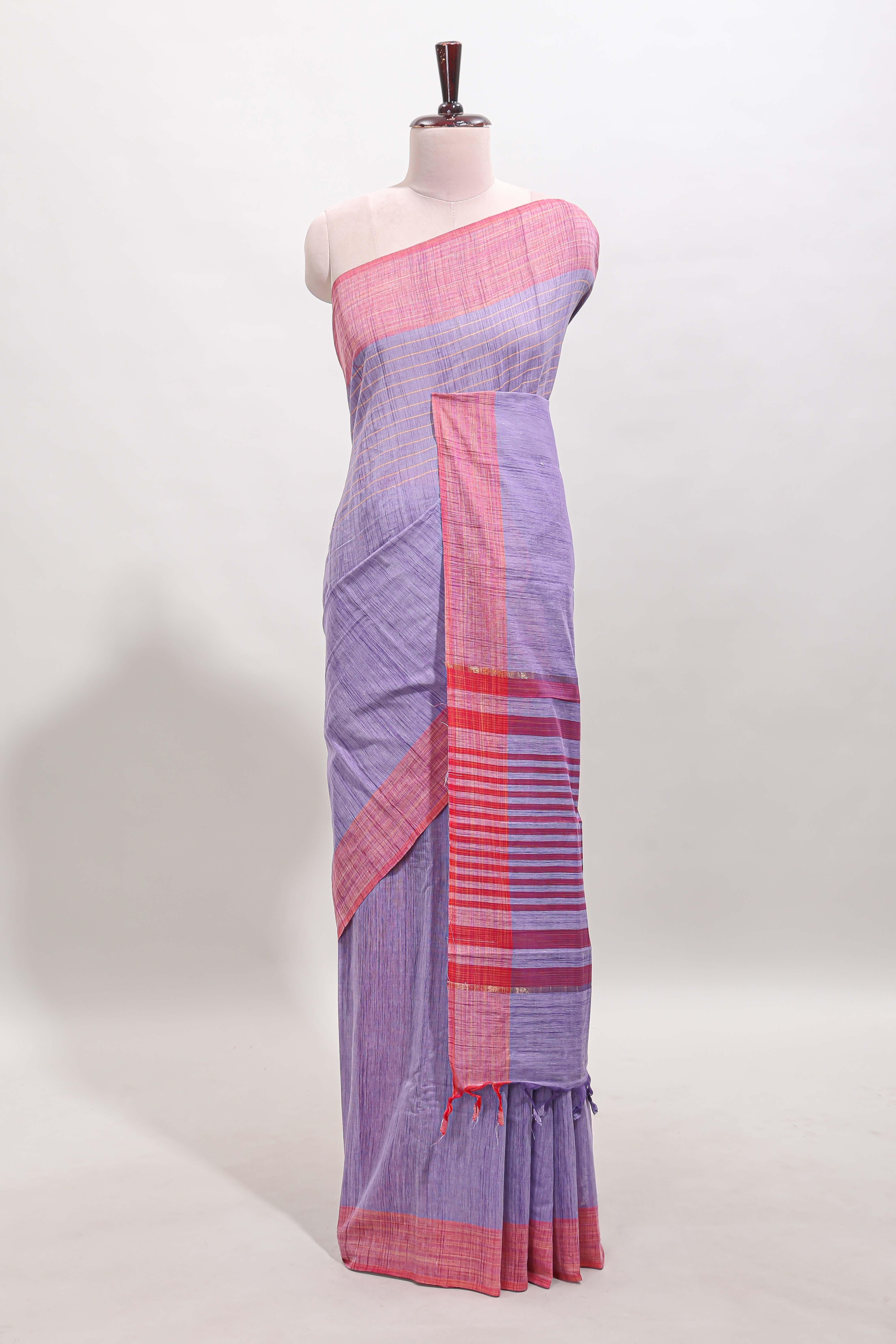 Lavender striped mangalagiri cotton saree with contrast border and striped pallu with blouse