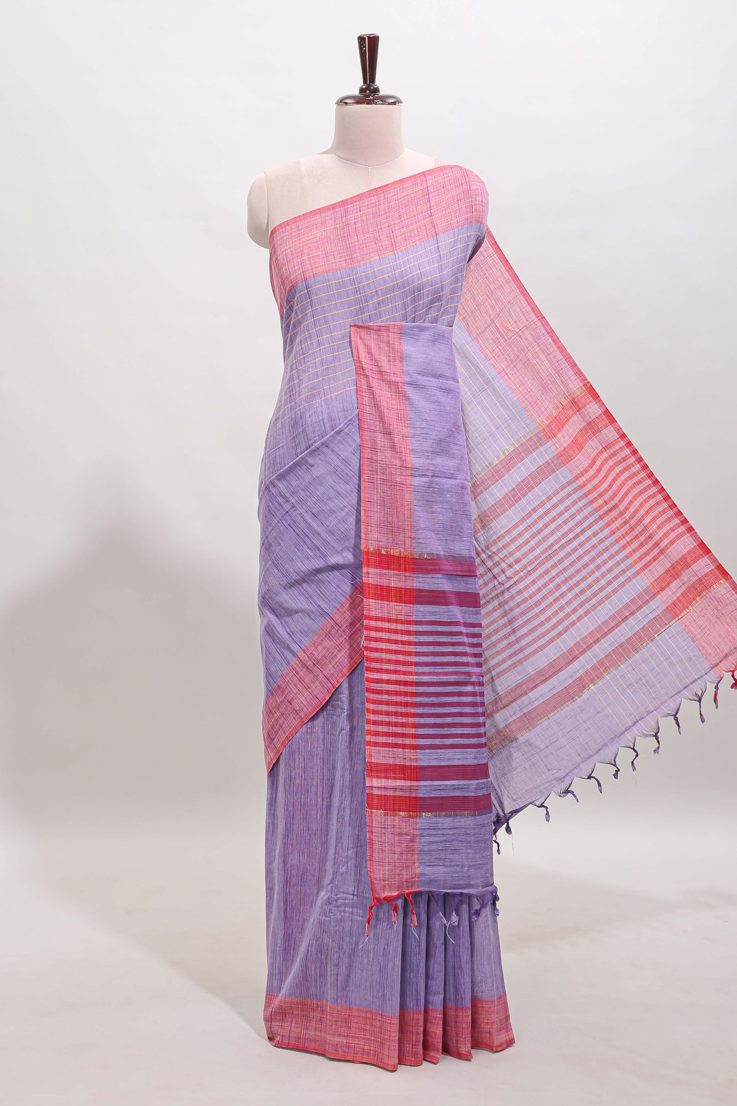 Lavender striped mangalagiri cotton saree with contrast border and striped pallu with blouse