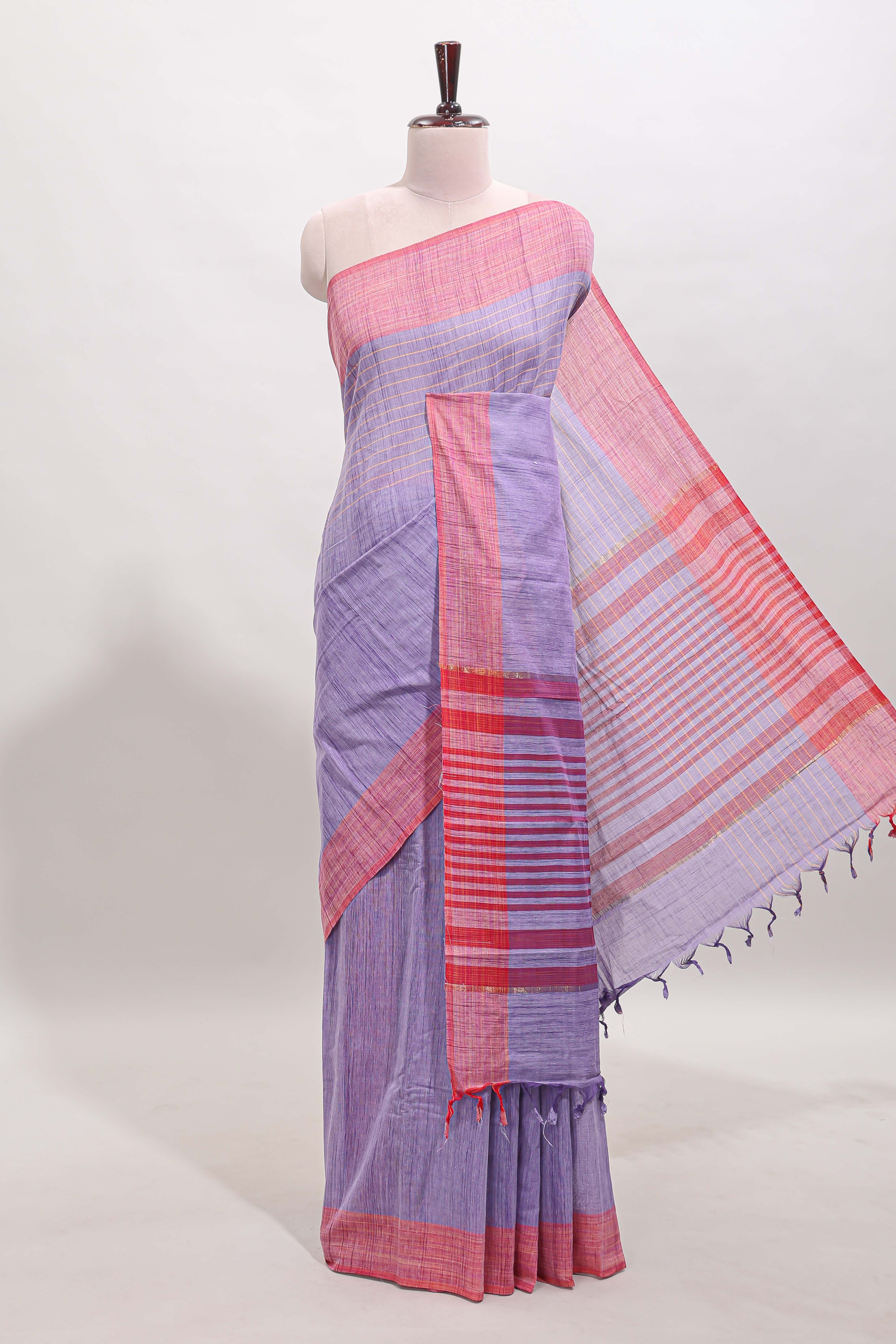 Lavender striped mangalagiri cotton saree with contrast border and striped pallu with blouse