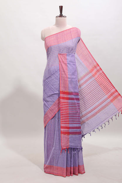 Lavender striped mangalagiri cotton saree with contrast border and striped pallu with blouse