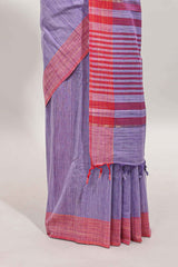 Lavender striped mangalagiri cotton saree with contrast border and striped pallu with blouse