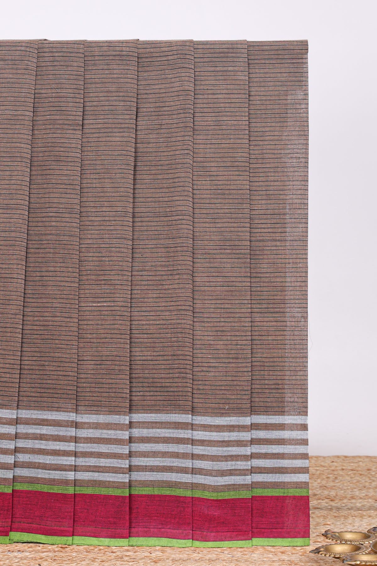 Mocha brown striped mangalagiri cotton saree with contrast border and checked pallu with blouse