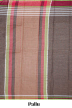 Mocha brown striped mangalagiri cotton saree with contrast border and checked pallu with blouse
