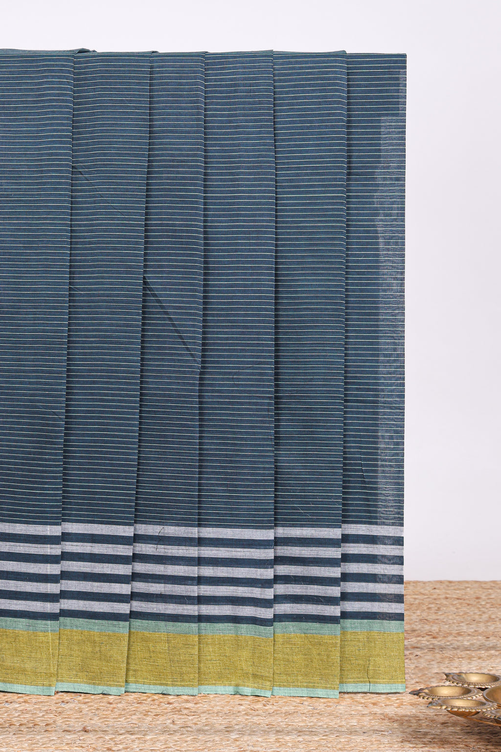 Charcoal blue striped mangalagiri cotton saree with contrast border and checked pallu with contrast blouse