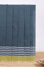 Charcoal blue striped mangalagiri cotton saree with contrast border and checked pallu with contrast blouse