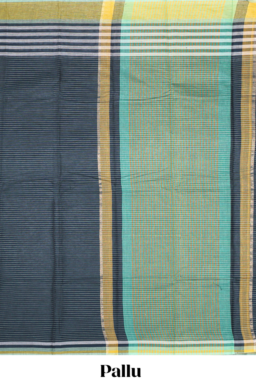 Charcoal blue striped mangalagiri cotton saree with contrast border and checked pallu with contrast blouse