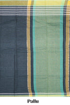 Charcoal blue striped mangalagiri cotton saree with contrast border and checked pallu with contrast blouse