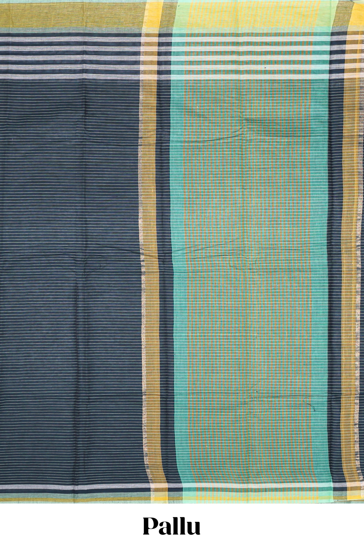 Charcoal blue striped mangalagiri cotton saree with contrast border and checked pallu with contrast blouse