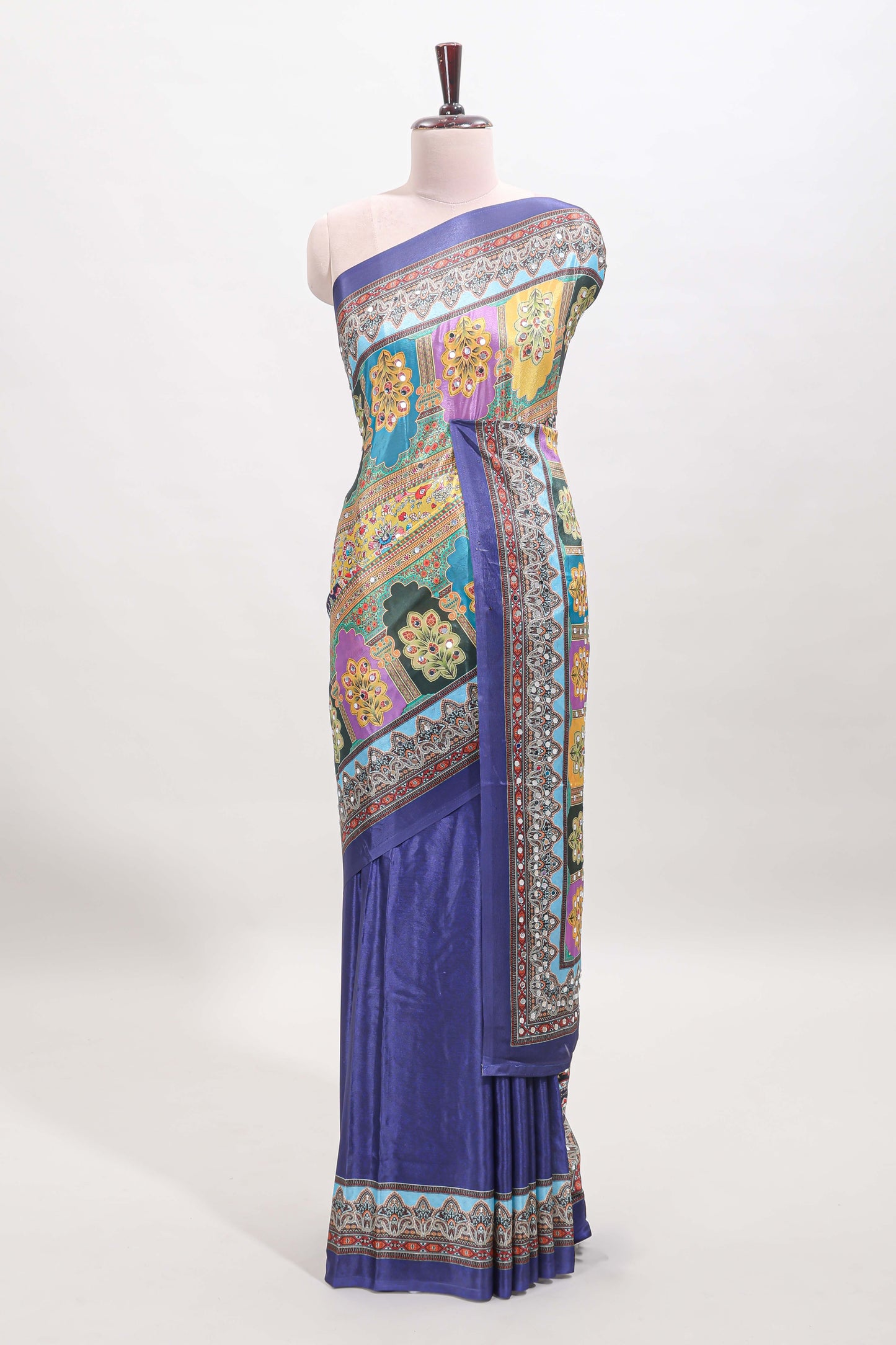 Blue floral design mirror work masakali saree with self border and matching blouse