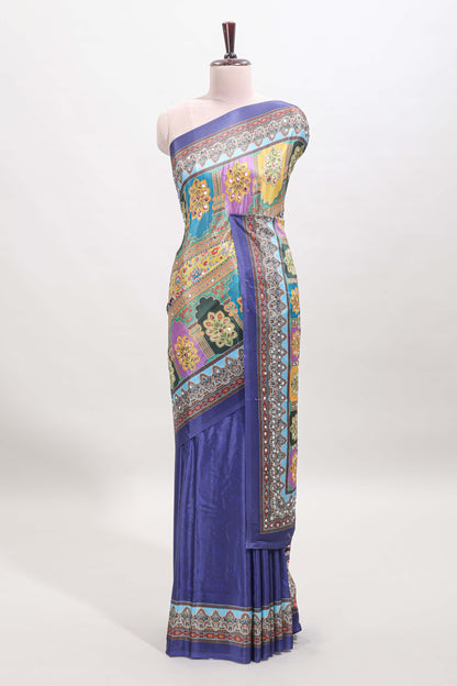 Blue floral design mirror work masakali saree with self border and matching blouse