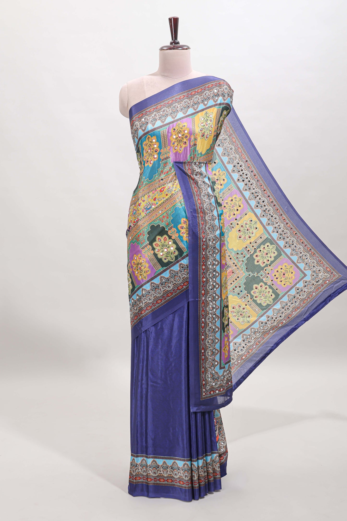 Blue floral design mirror work masakali saree with self border and matching blouse