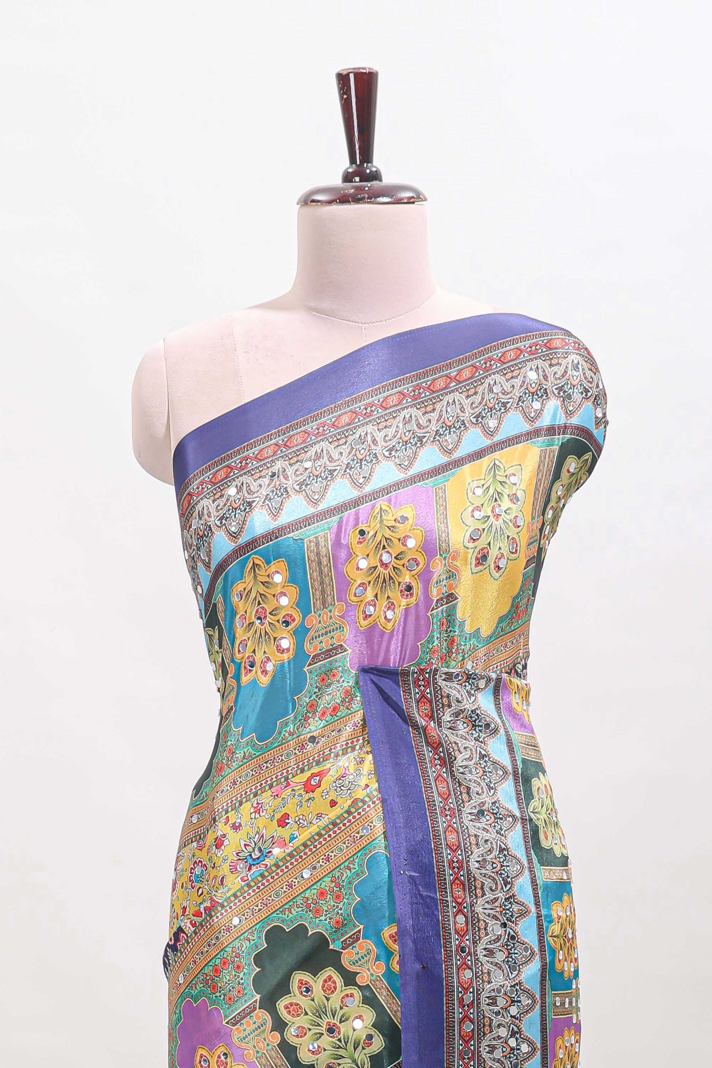 Blue floral design mirror work masakali saree with self border and matching blouse