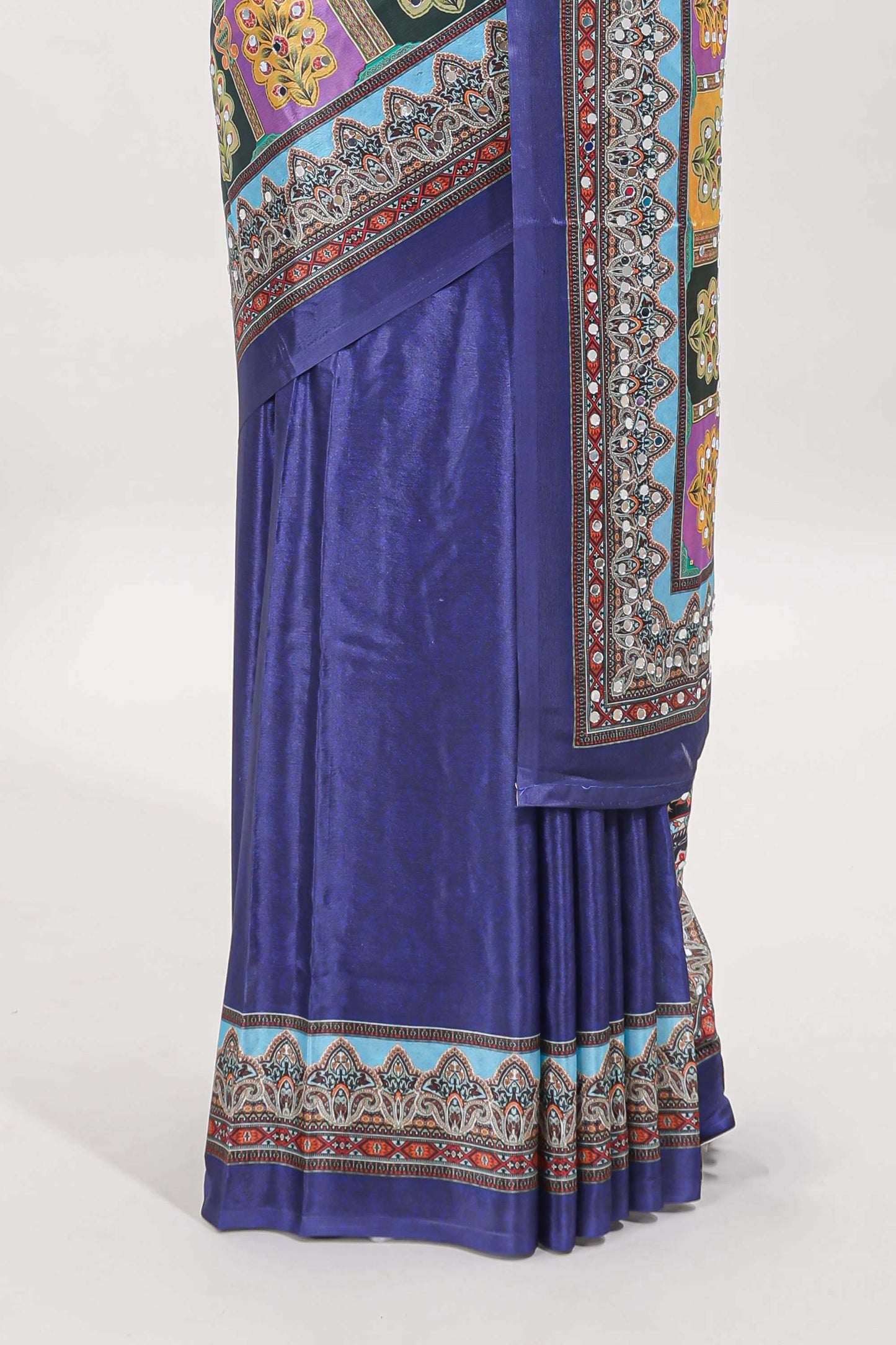 Blue floral design mirror work masakali saree with self border and matching blouse