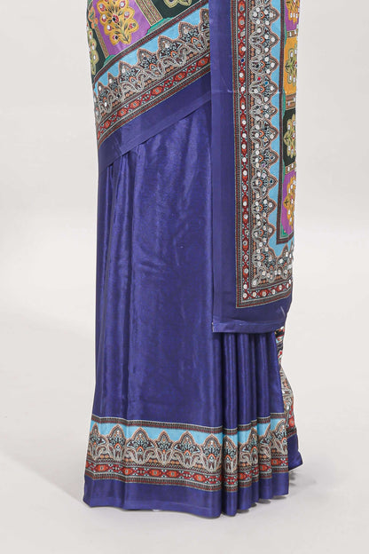 Blue floral design mirror work masakali saree with self border and matching blouse