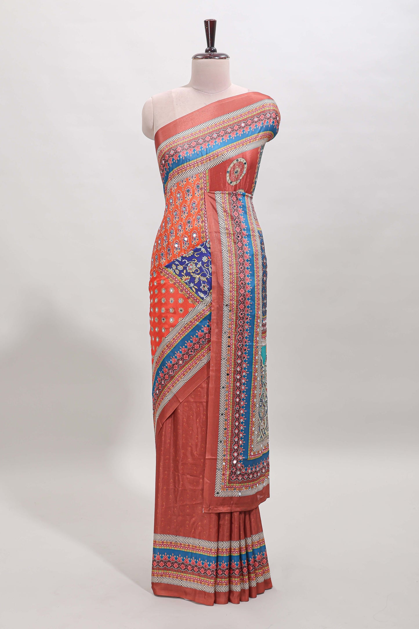 Brick red floral design mirror work masakali saree with self border and matching blouse