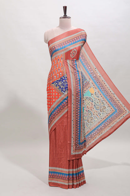 Brick red floral design mirror work masakali saree with self border and matching blouse