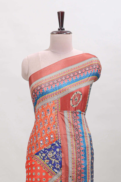 Brick red floral design mirror work masakali saree with self border and matching blouse