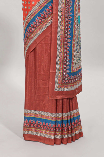Brick red floral design mirror work masakali saree with self border and matching blouse