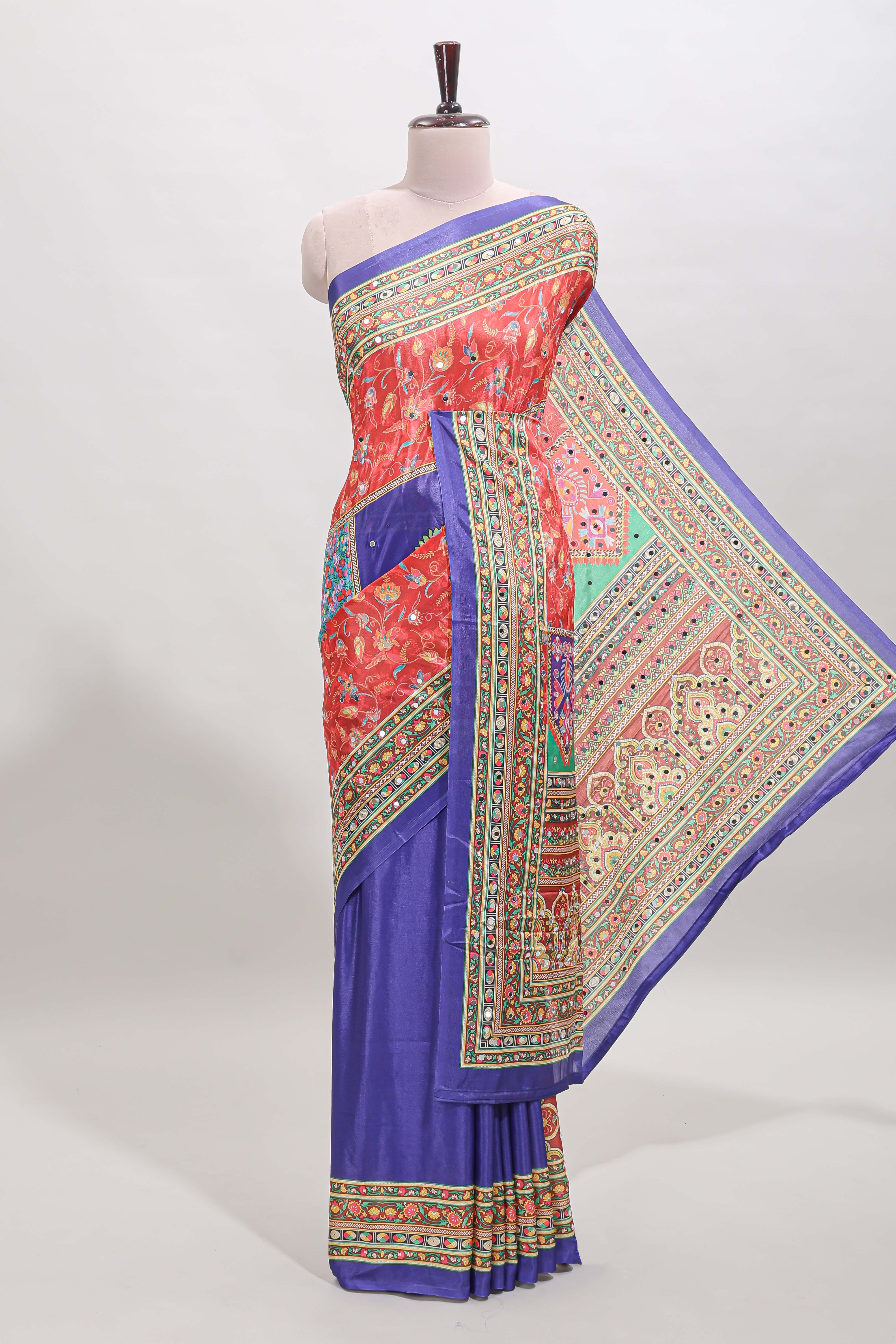 Violet floral design mirror work masakali saree with self border and matching blouse
