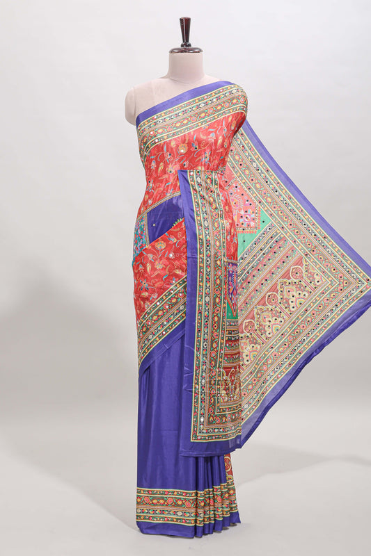 Violet floral design mirror work masakali saree with self border and matching blouse