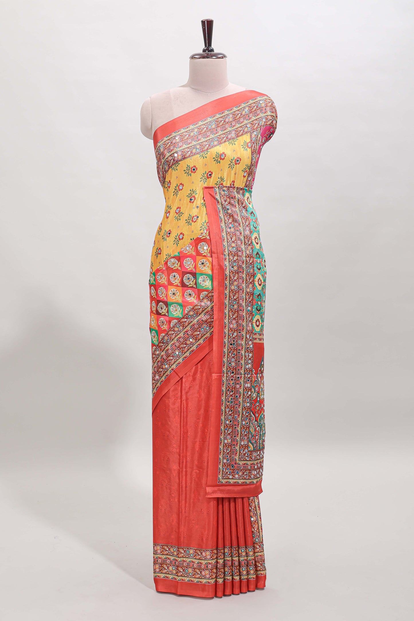 Orange floral design mirror work masakali saree with self border and matching blouse